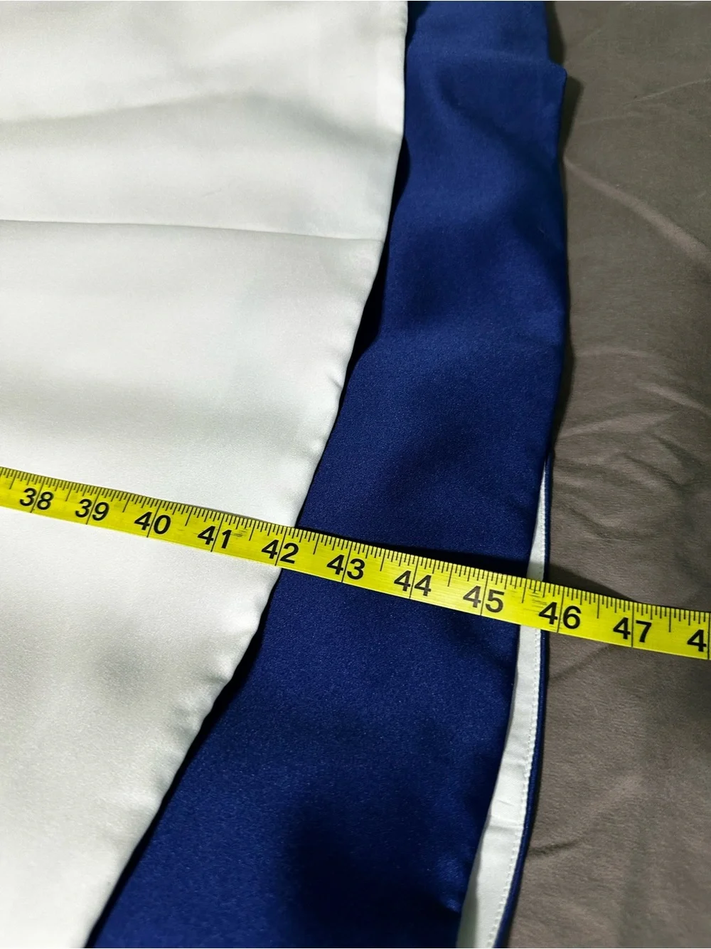 David's Bridal White Satin with Royal Blue Trim A-Line Formal Dress, Size 14. - Picture 6 of 9